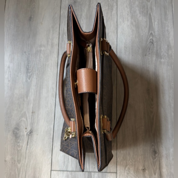 Calvin Klein Brown Monogram Satchel Tote w/ Gold Heart Charm - Picture 4 of 6